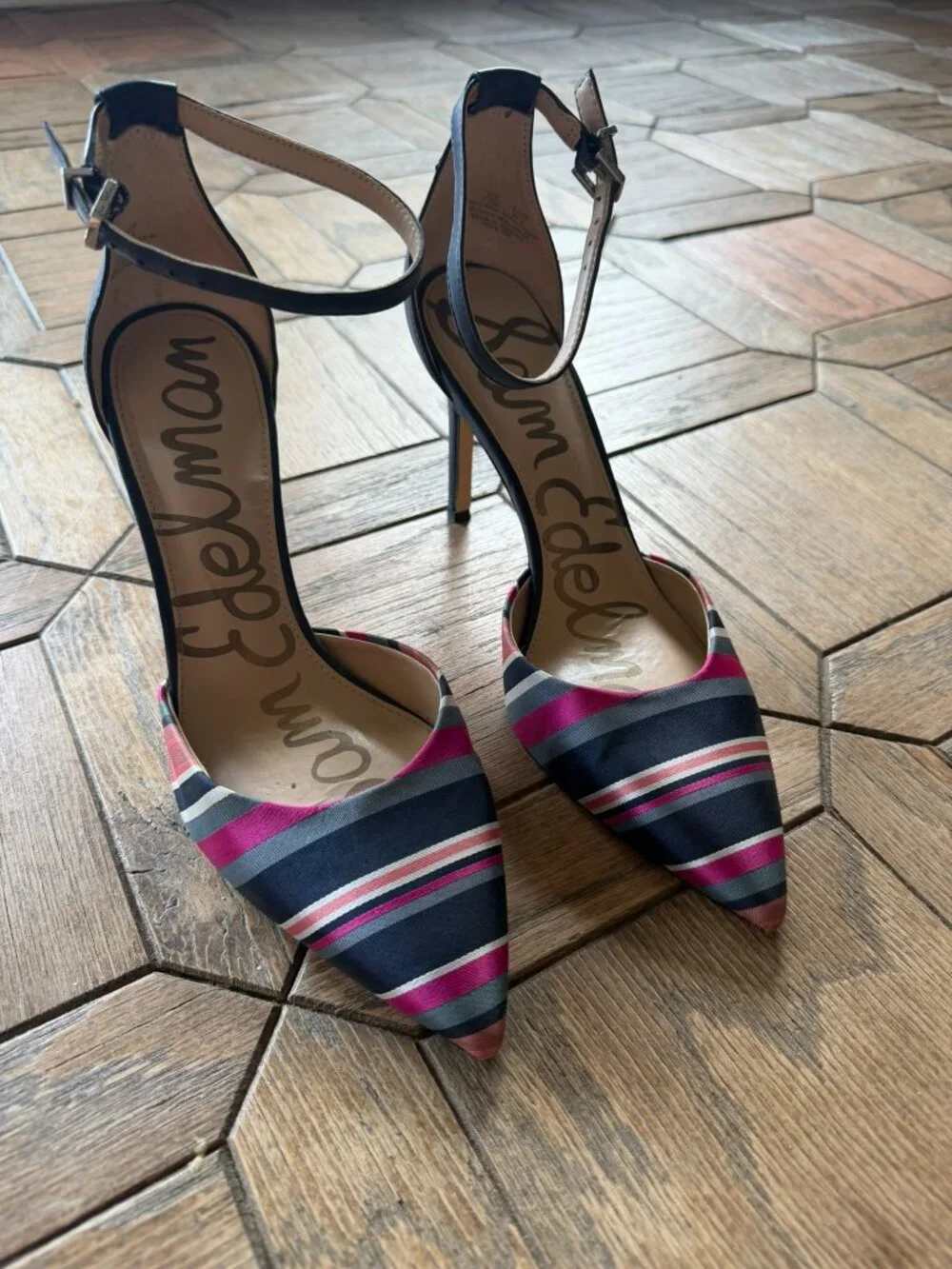 Sam Edelman Multi-Color Striped Satin Ankle Strap Pointed Toe Heels Size 7.5 EUC